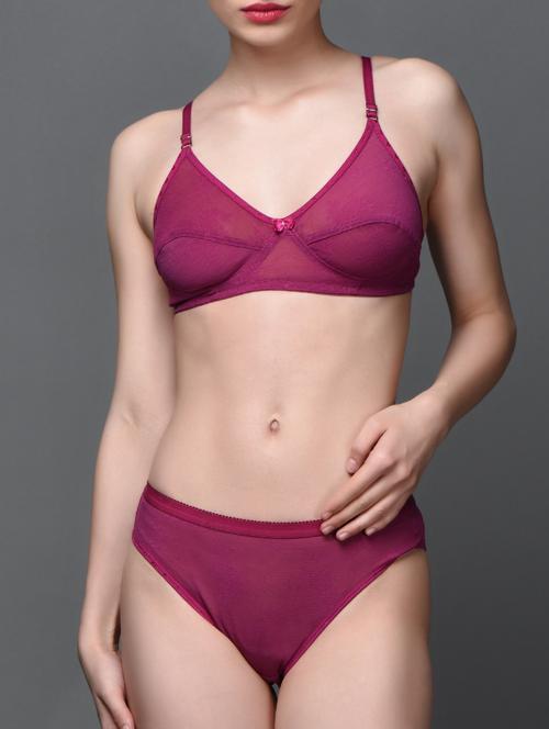 purple plain solid lycra net bra panty set - 1040211 - Very Small Image - 1