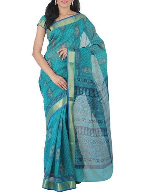 turquoise gadwal cotton saree - 10406530 - Very Small Image - 1