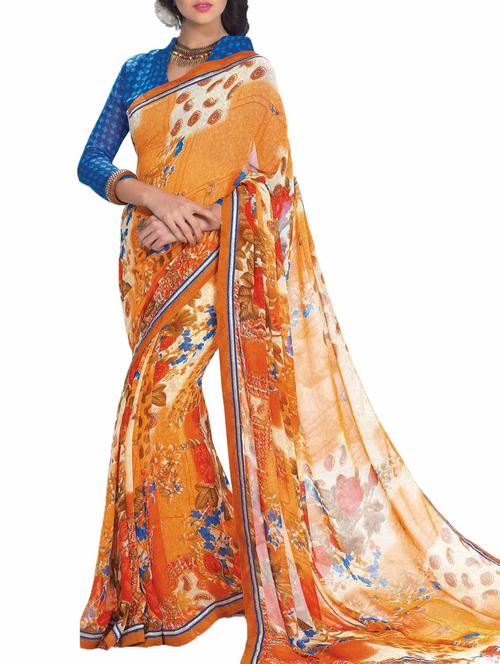 orange georgette printed saree with blouse - 10428774 - Very Small Image - 1