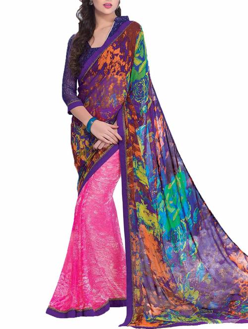 multi colored georgette printed saree with blouse - 10428775 - Very Small Image - 1