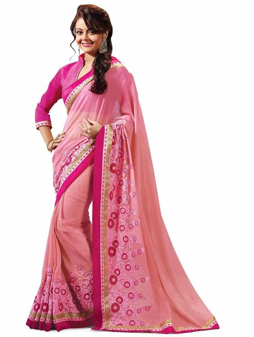 pink georgette embroidered saree with blouse - 10428792 - Very Small Image - 1