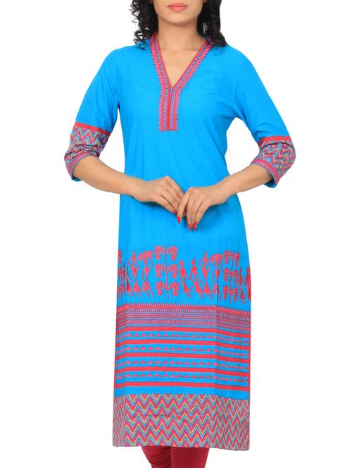 turquoise cotton straight kurta - 10429357 - Very Small Image - 1