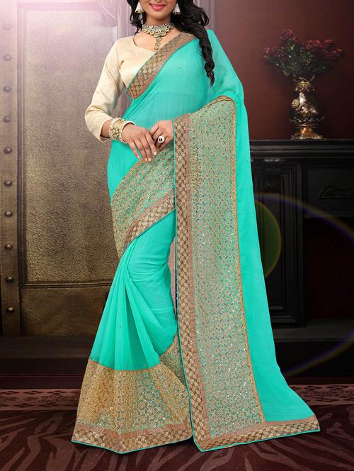 turquoise chiffon saree - 10437926 - Very Small Image - 1