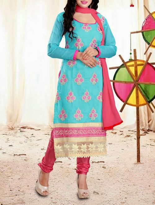 sky blue chanderi cotton unstitched suit - 10437940 - Very Small Image - 1