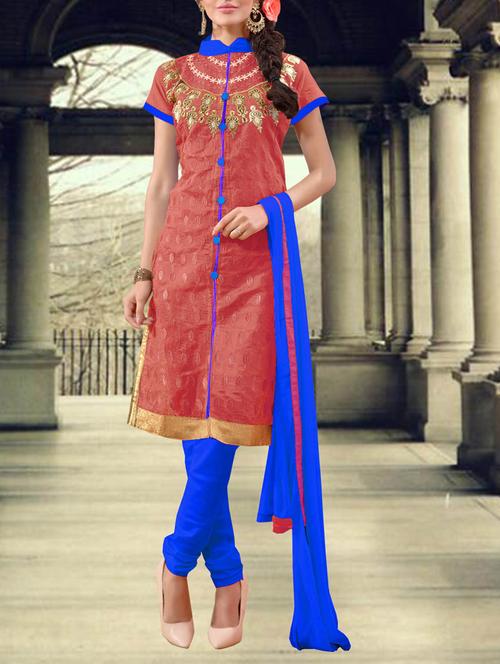 orange chanderi cotton unstitched suit - 10437963 - Very Small Image - 1