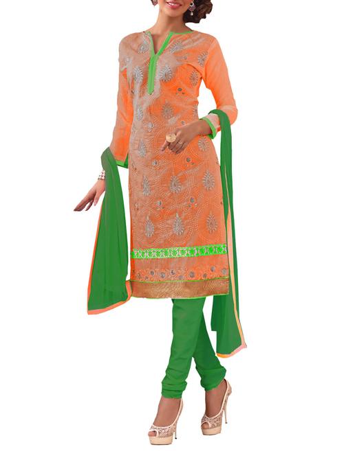 orange chanderi cotton unstitched suit - 10437968 - Very Small Image - 1