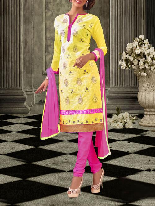 yellow chanderi cotton unstitched suit - 10437969 - Very Small Image - 1