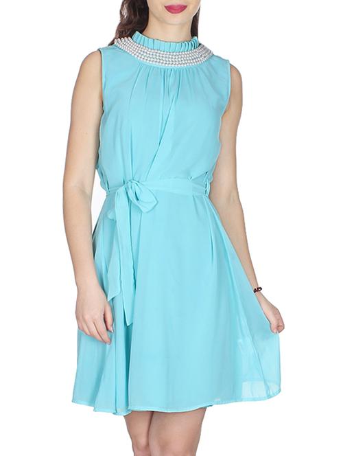 sky blue polycrepe a line dress - 10449472 - Very Small Image - 1