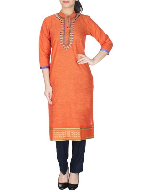 orange cotton straight kurta - 10458736 - Very Small Image - 1