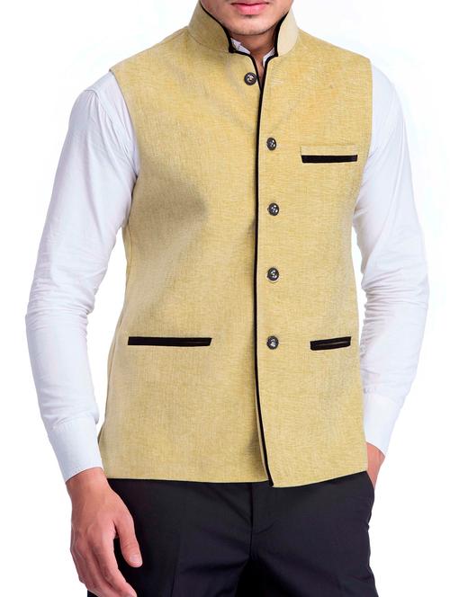 solid beige cotton nehru jacket - 10476390 - Very Small Image - 1