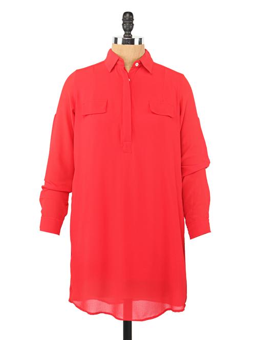 red georgette shirt collar tunic - 1049590 - Very Small Image - 1