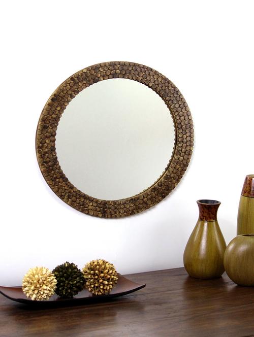 hosley decorative round log slices carved brown wooden wall mirror - 10501879 - Very Small Image - 1