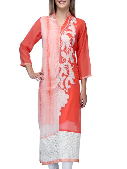 orange,white poly georgette kurta - 10507351 - Very Small Image - 1