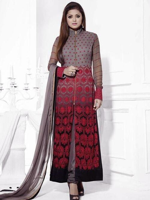 dark red georgette unstitched suit - 10514639 - Very Small Image - 1