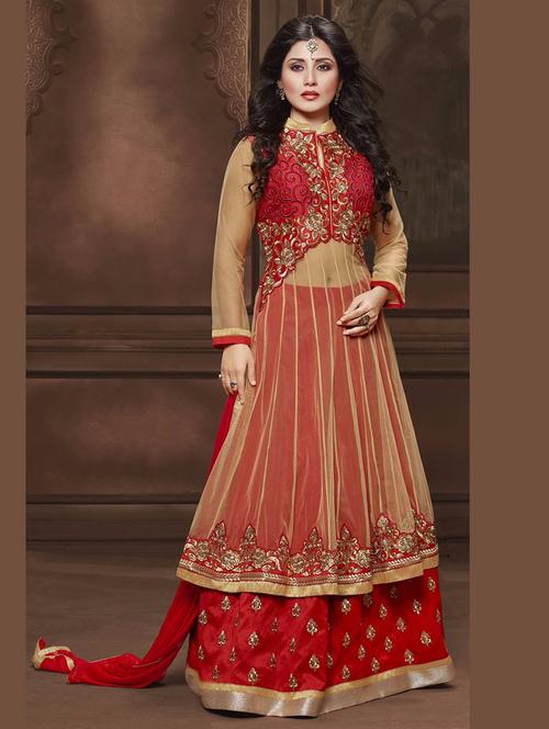 red georgette unstitched suit - 10516471 - Very Small Image - 1