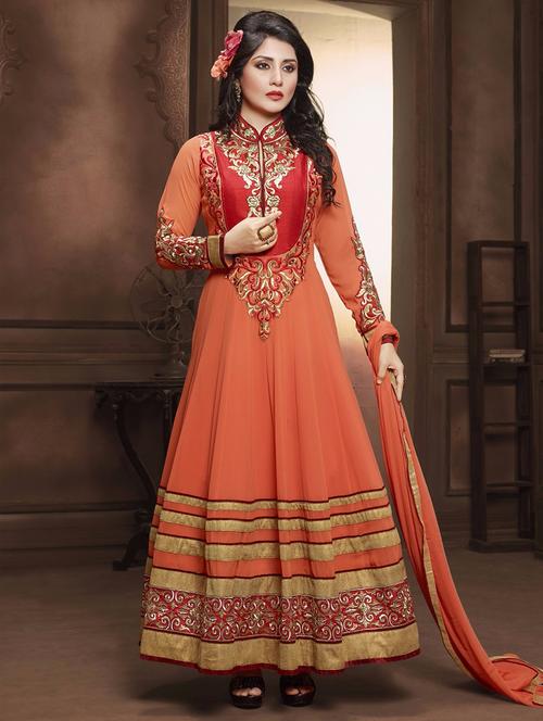 orange georgette unstitched suit - 10516475 - Very Small Image - 1