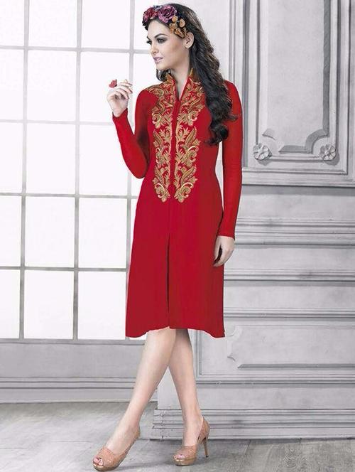 red georgette unstitched suit - 10516527 - Very Small Image - 1