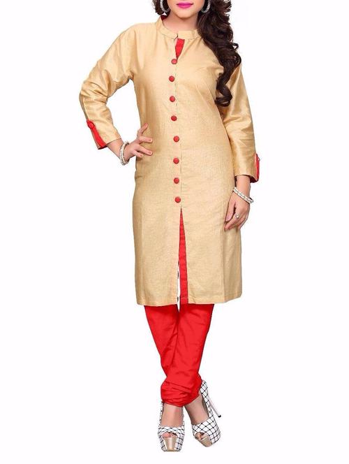 cream and red poly cotton unstitched suit - 10516530 - Very Small Image - 1
