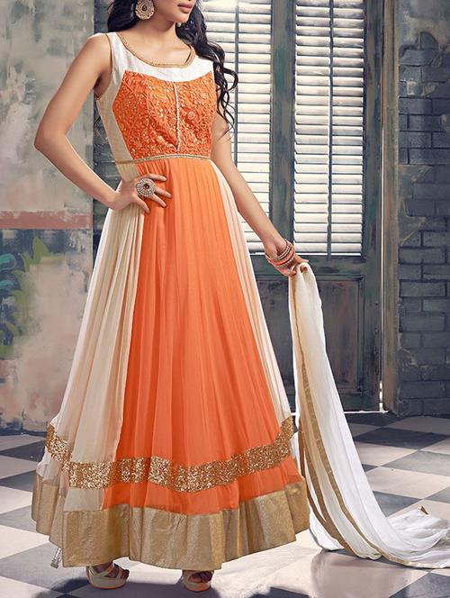 white and orange georgette unstitched suit - 10516607 - Very Small Image - 1