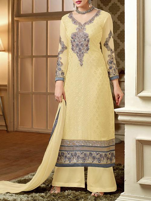 light yellow georgette unstitched suit - 10516723 - Very Small Image - 1