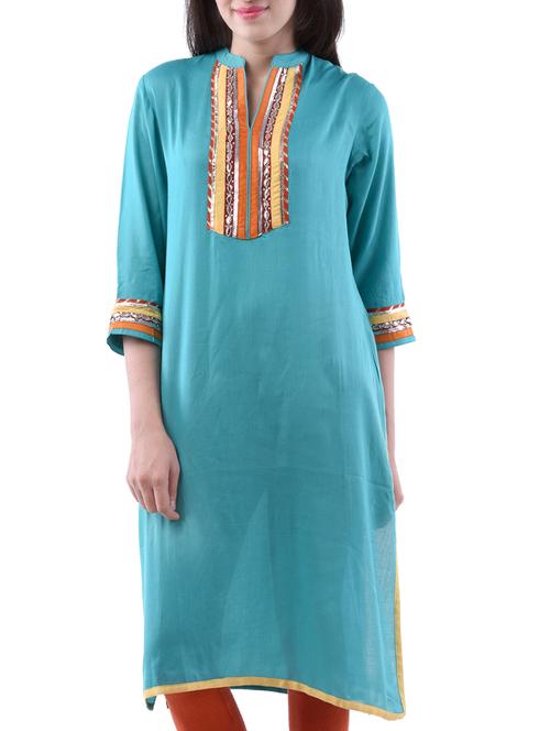 teal cotton kurta - 10518965 - Very Small Image - 1