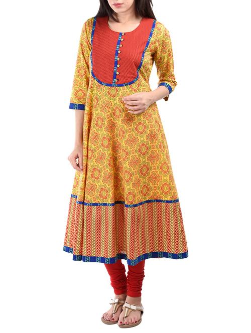 yellow cotton printed flared kurta - 10518994 - Very Small Image - 1