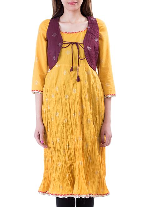 mustred three quarter sleeve kurta - 10519160 - Very Small Image - 1