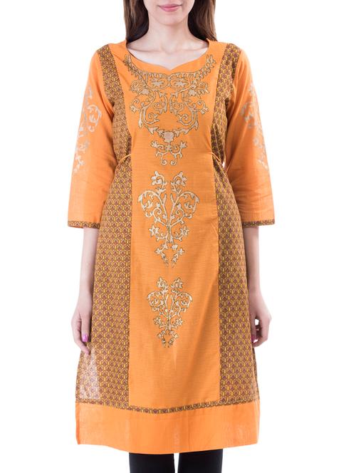 orange,brown cotton kurta - 10519191 - Very Small Image - 1