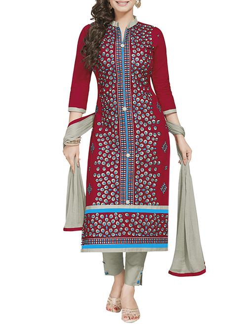 red cotton unstitched suit - 10521633 - Very Small Image - 1