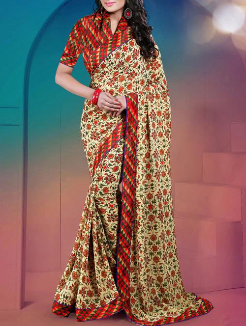 red, beige georgette saree - 10522336 - Very Small Image - 1