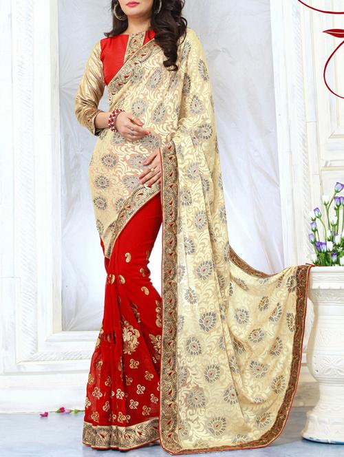 red, cream georgette saree - 10522352 - Very Small Image - 1