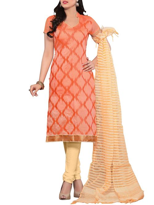 orange chanderi cotton unstitched suit - 10543291 - Very Small Image - 1