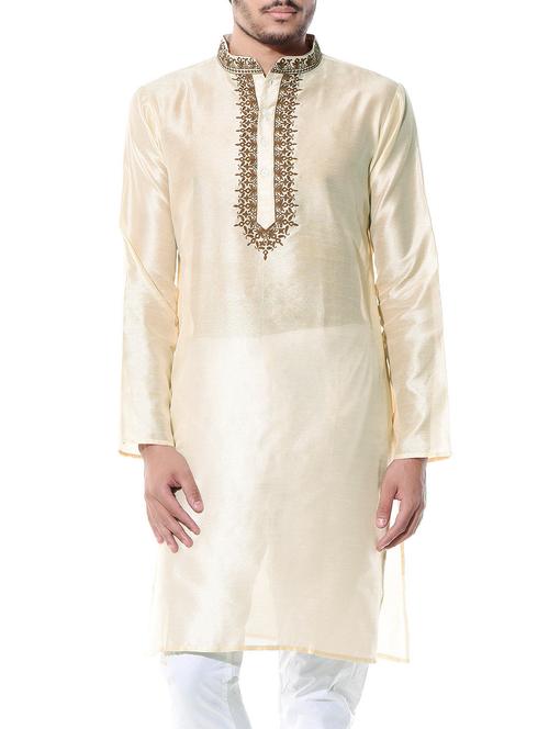 cream solid dupion kurta with embroidered neckline - 10551795 - Very Small Image - 1