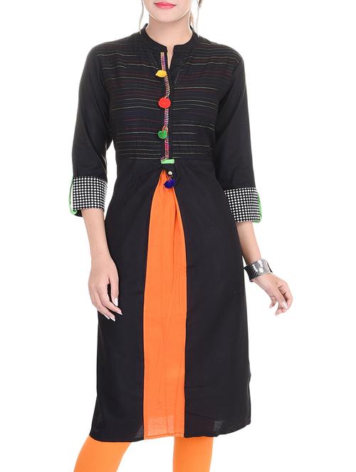 cotton solid black,orange color kurta - 10556566 - Very Small Image - 1