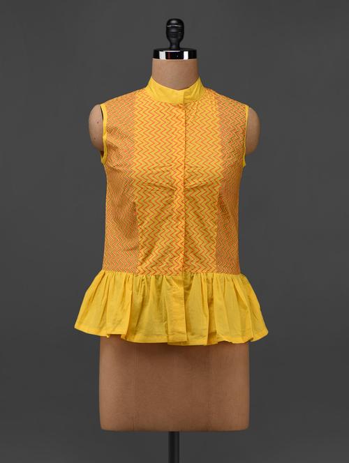 Yellow Cotton chevron Hand Block Printed Top - 1056767 - Very Small Image - 1