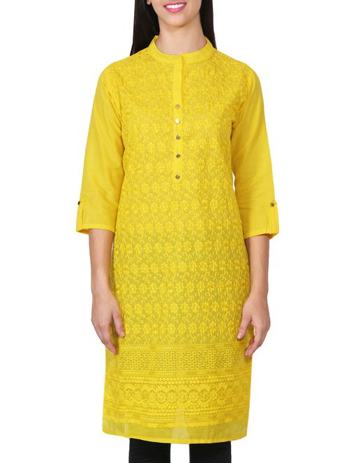 yellow cotton straight kurta - 10571359 - Very Small Image - 1