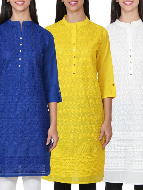 set of 3 multicolor color cotton regular kurta - 10571391 - Very Small Image - 1