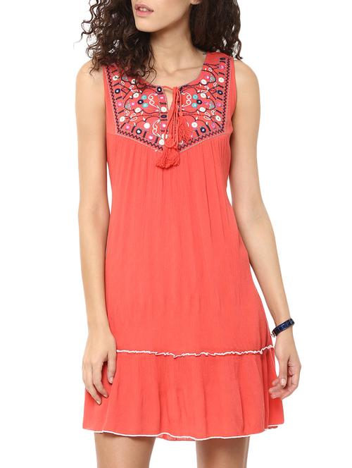 coral embroidered rayon crepe short dress - 10574495 - Very Small Image - 1