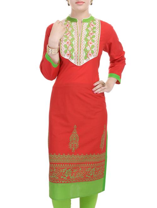 cotton embroidery red,green color kurta from the - 10578249 - Very Small Image - 1