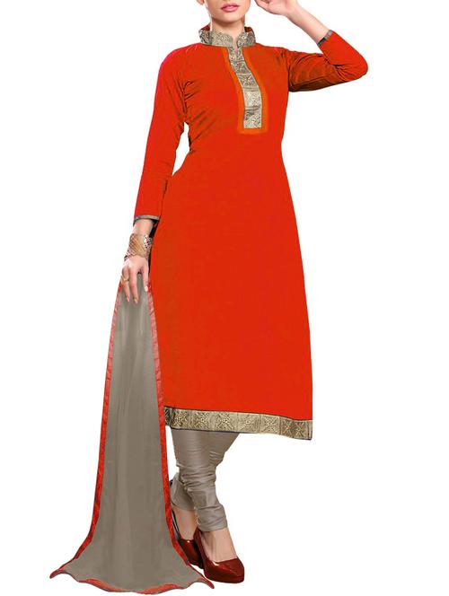 orange chanderi cotton unstitched suit - 10580367 - Very Small Image - 1
