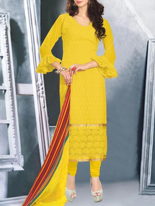 yellow georgette unstitched suit - 10580378 - Very Small Image - 1