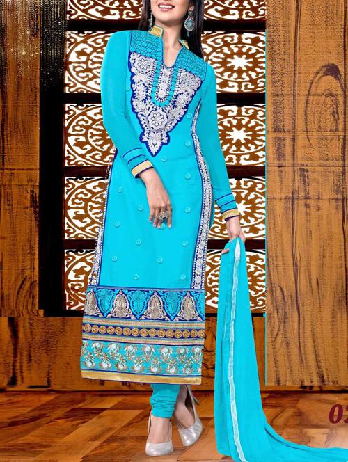 sky blue cotton unstitched suit - 10580395 - Very Small Image - 1