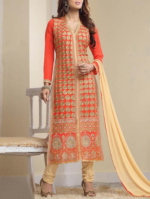 orange georgette unstitched suit - 10580429 - Very Small Image - 1