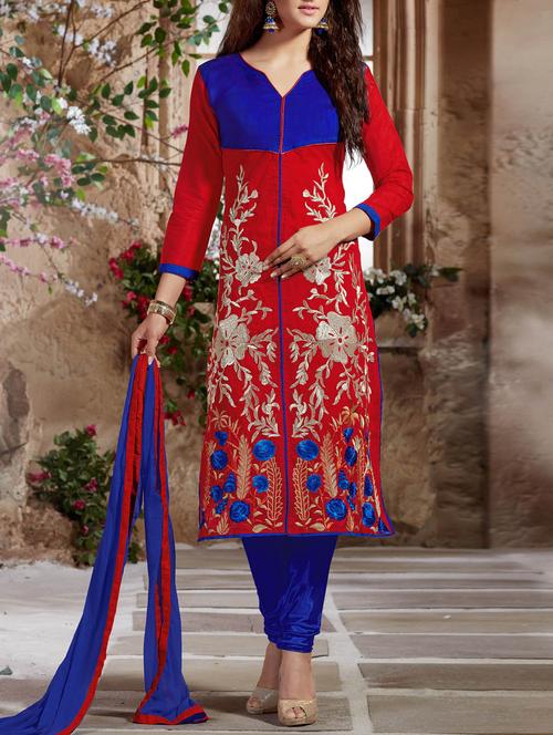 red chanderi cotton unstitched suit - 10580508 - Very Small Image - 1