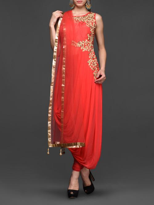 floral embroidered coral assymetric dhoti style suit - 1058577 - Very Small Image - 1