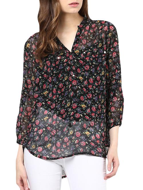 floral sheer button up neck top - 10595077 - Very Small Image - 1
