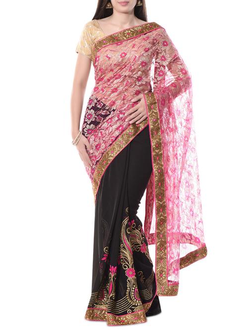 black and pink embroidered georgette saree - 10597882 - Very Small Image - 1
