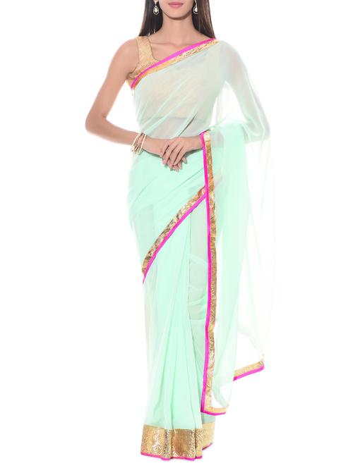 mint georgette saree with contrast border - 10599090 - Very Small Image - 1