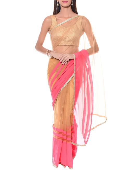beige and pink saree with gold border - 10599109 - Very Small Image - 1