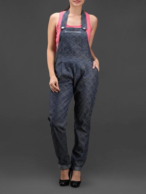 Navy Blue Printed Cotton Dungaree - 1060830 - Very Small Image - 1